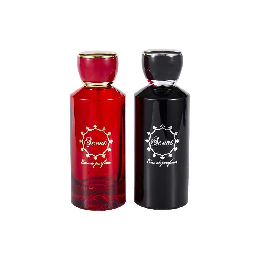 Botella de perfume con fondo estampado GC4406-WJ2071 de 100 ml con tapa de perfume redonda de plástico ABS rojo brillante y negro