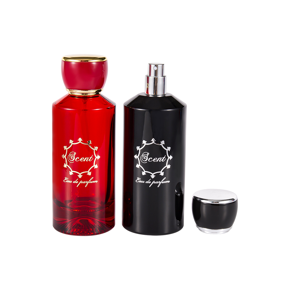 Botella de perfume con fondo estampado GC4406-WJ2071 de 100 ml con tapa de perfume redonda de plástico ABS rojo brillante y negro