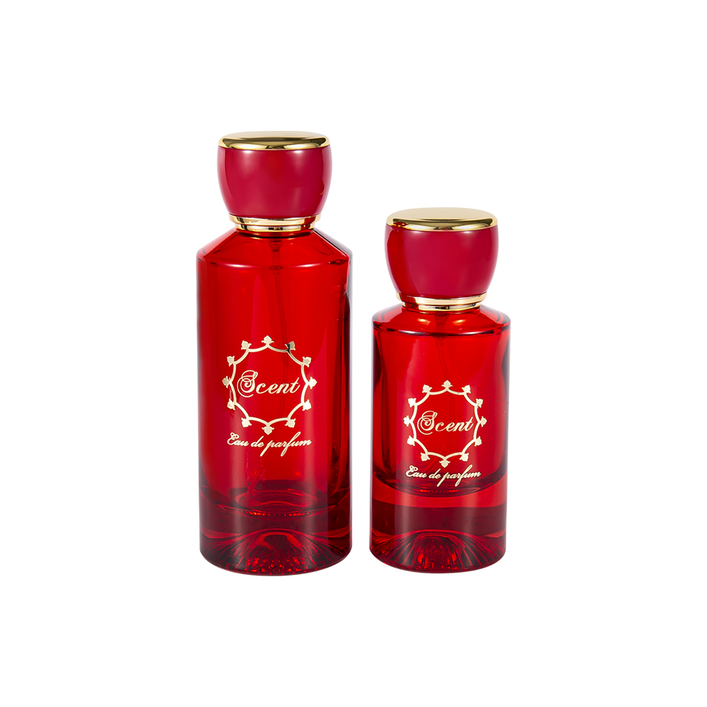 Botella de perfume con fondo estampado GC4406-WJ2071 de 100 ml con tapa de perfume redonda de plástico ABS rojo brillante y negro