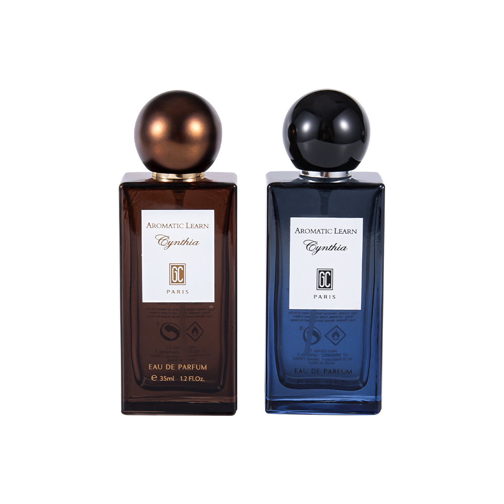 Juego de botellas de perfume rectangulares planas de pequeña capacidad KY82-WJ2402 de 35 ml con tapa de perfume esférica
