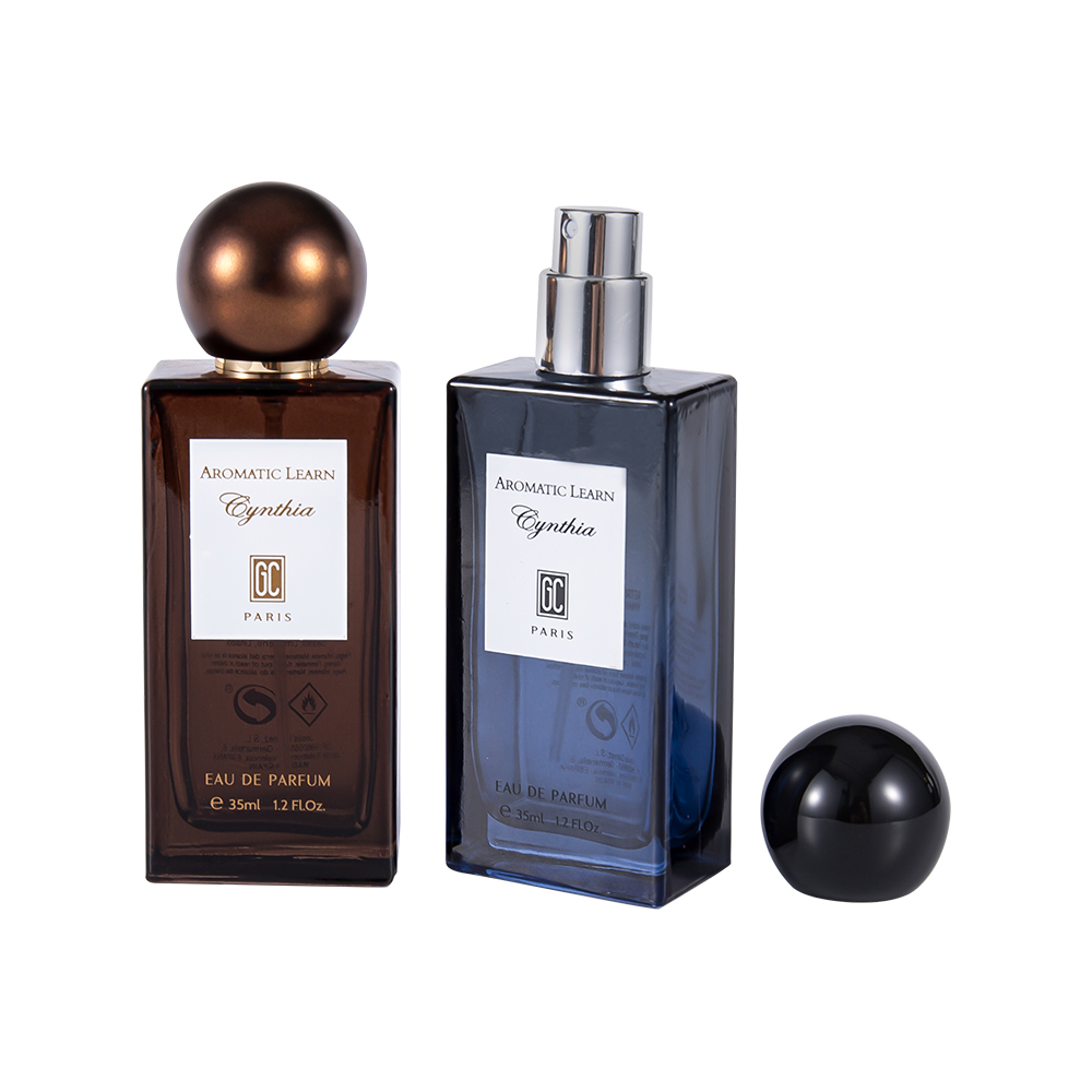 Juego de botellas de perfume rectangulares planas de pequeña capacidad KY82-WJ2402 de 35 ml con tapa de perfume esférica