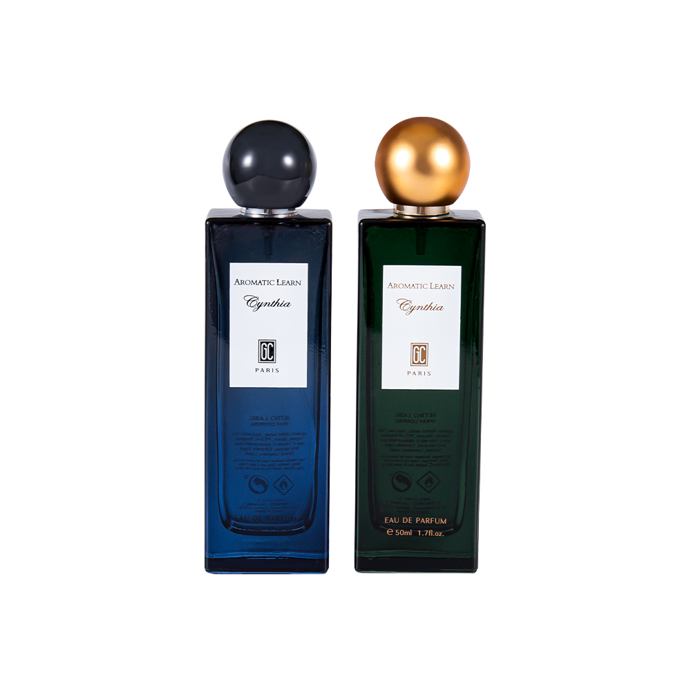 GC4015-WJ2402 Juego de botellas de perfume rectangulares planas delgadas de 50 ml con tapa de perfume esférica