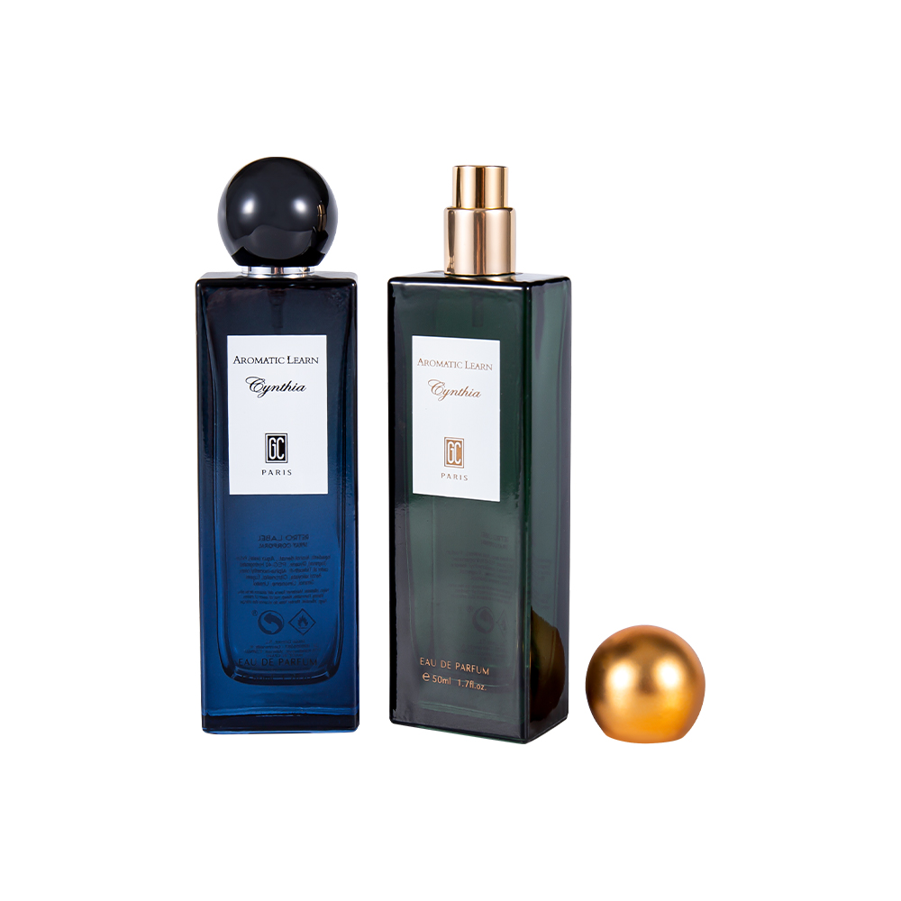 GC4015-WJ2402 Juego de botellas de perfume rectangulares planas delgadas de 50 ml con tapa de perfume esférica