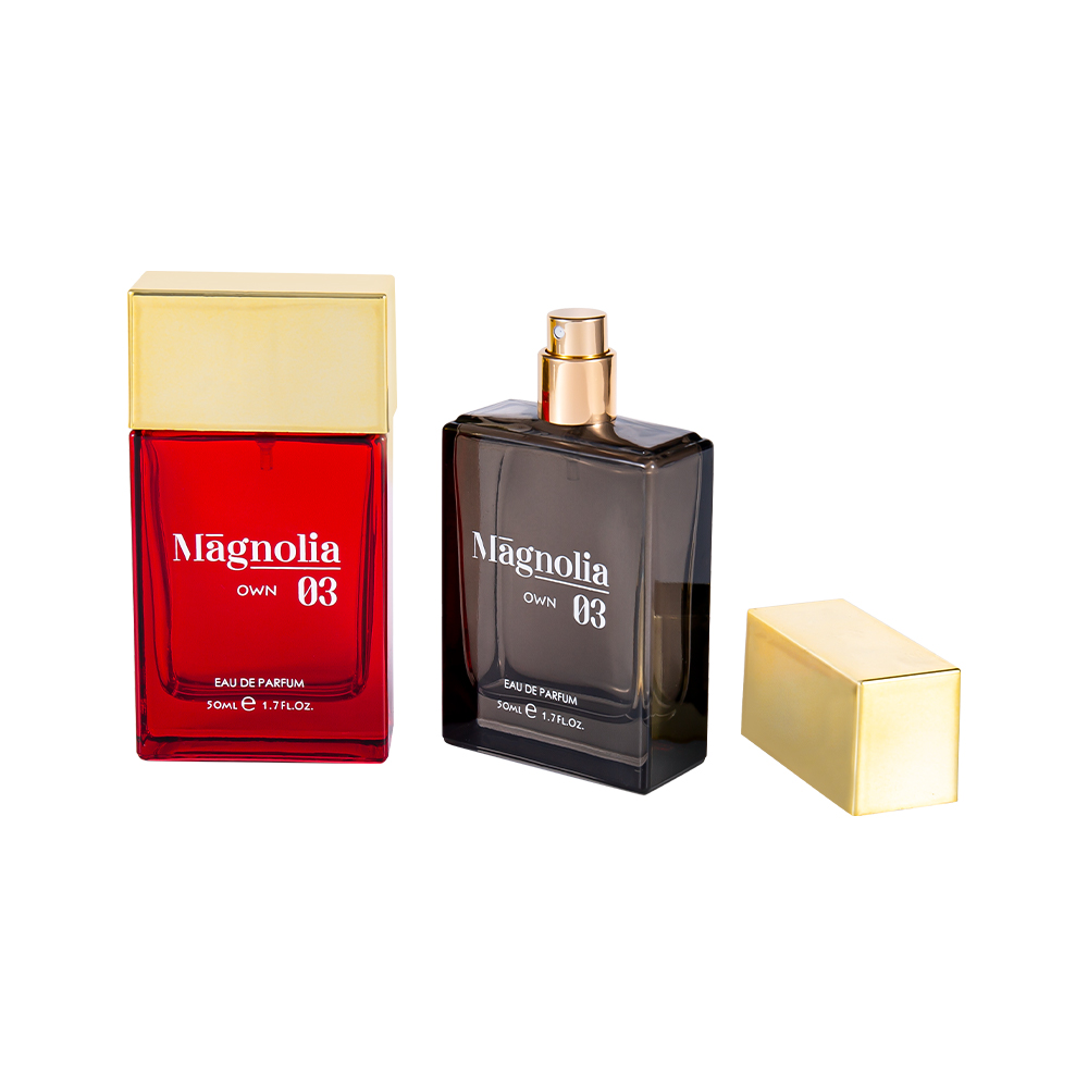 Juego de botellas de perfume de vidrio plano KY1563-WJ2171 de 50 ml con tapa de perfume de polipropileno estampada en caliente