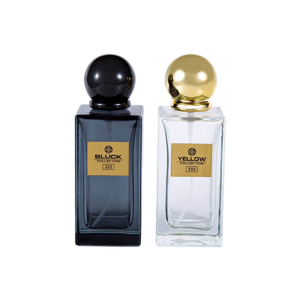KY83-WJ2571 Botella de perfume de vidrio rectangular de 50 ml con tapa dorada UV y negra, color especial