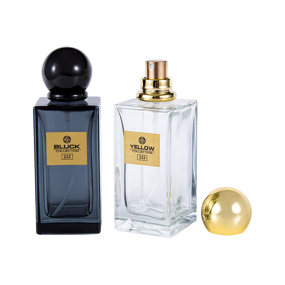 KY83-WJ2571 Botella de perfume de vidrio rectangular de 50 ml con tapa dorada UV y negra, color especial