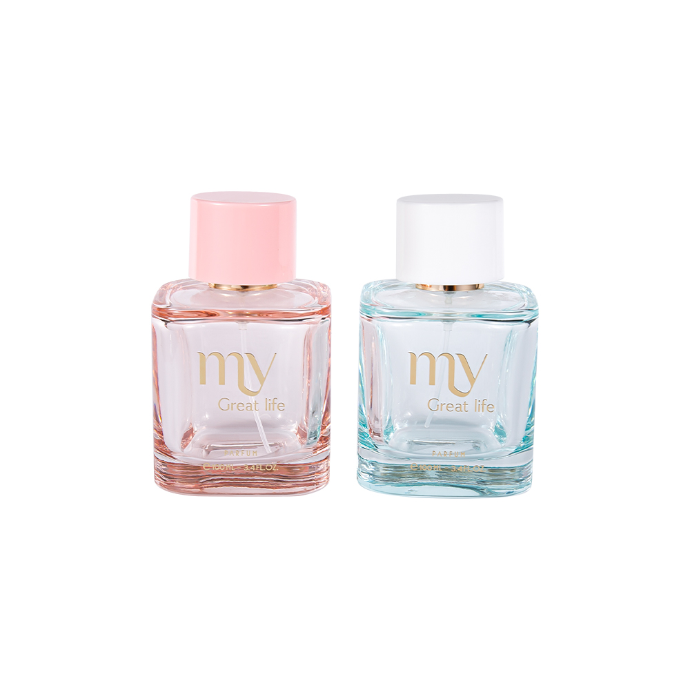 Juego de botellas de perfume recubiertas GC4569-WJ2463 de 100 ml con tapa de perfume de plástico PP ABS estampada en caliente