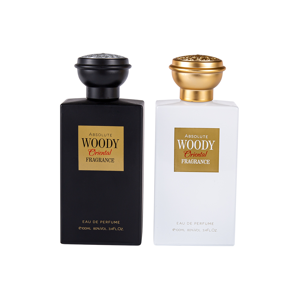 KY2034-WJ2204 Juego de tapas de botellas de perfume premium en blanco y negro mate de 100 ml estilo árabe