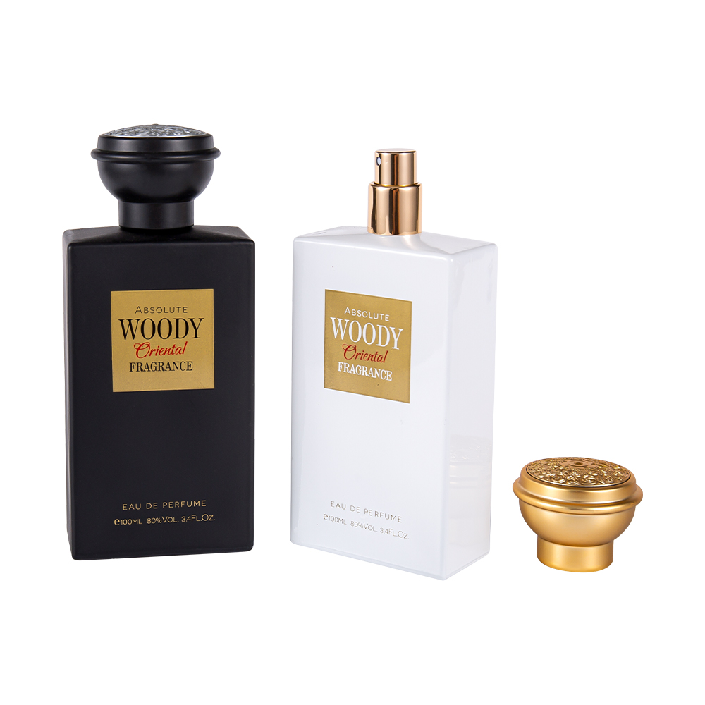 KY2034-WJ2204 Juego de tapas de botellas de perfume premium en blanco y negro mate de 100 ml estilo árabe