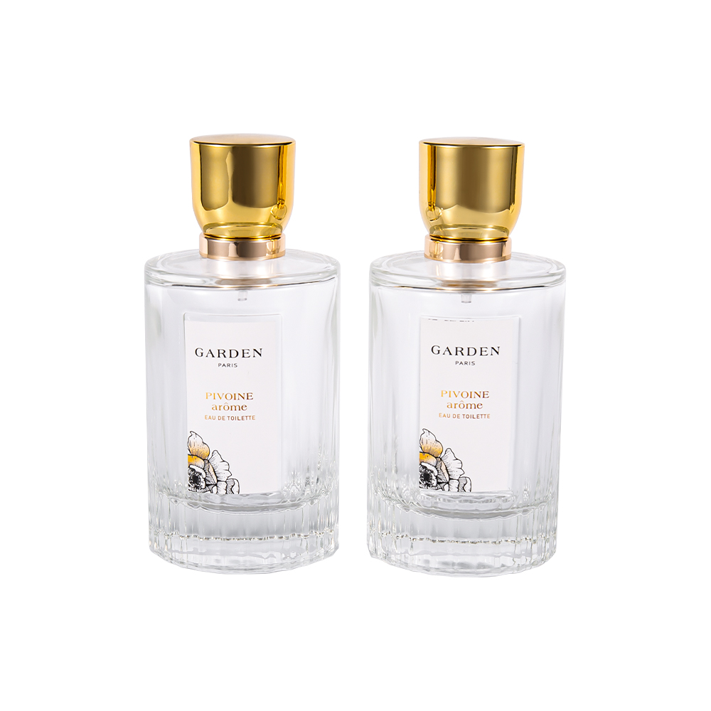 KY1595-WJ2430 Elegante botella de perfume de vidrio de 100 ml con lujosa tapa de perfume UV Gold