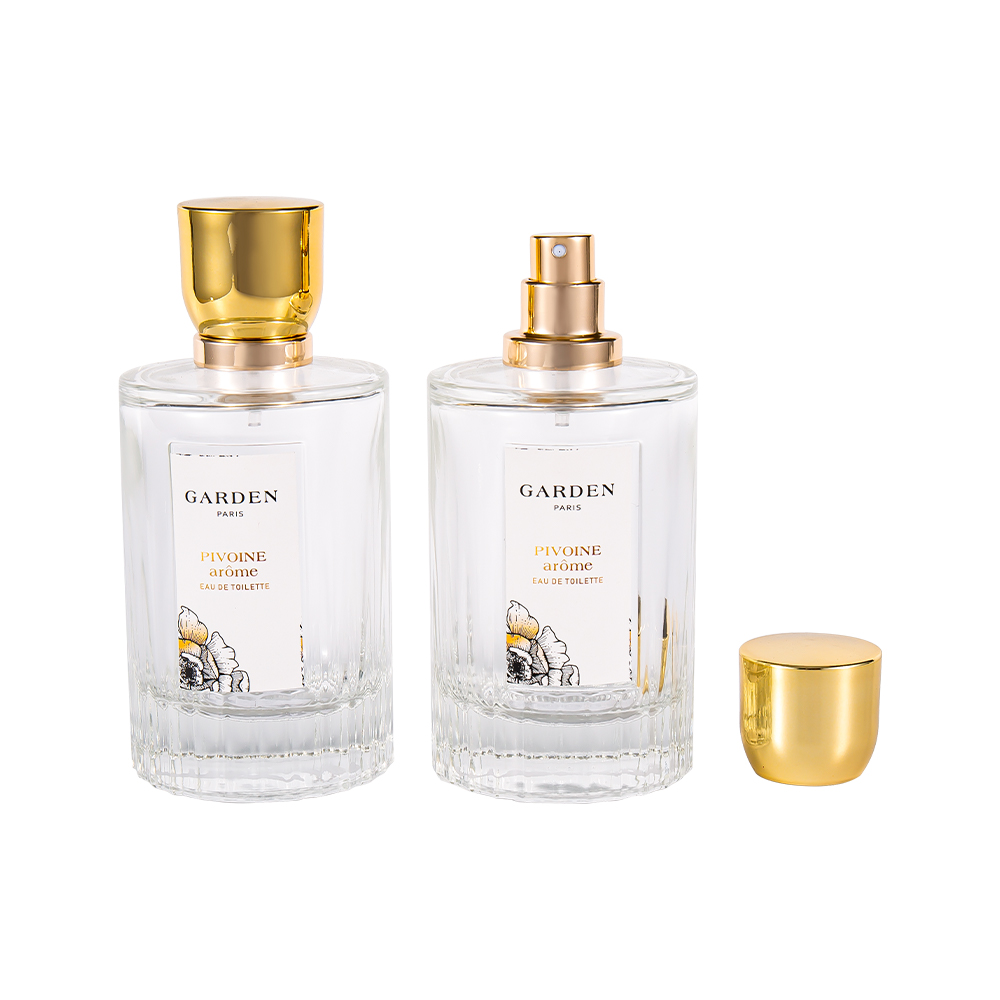 KY1595-WJ2430 Elegante botella de perfume de vidrio de 100 ml con lujosa tapa de perfume UV Gold