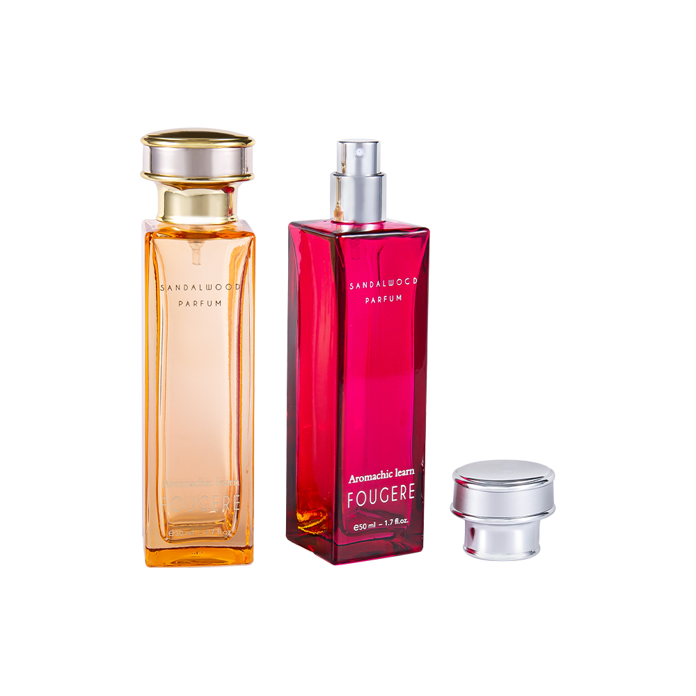 GC4138-WJ2164 Botella de perfume de vidrio rectangular clásica de 50 ml con tapa de perfume brillante de plata y oro