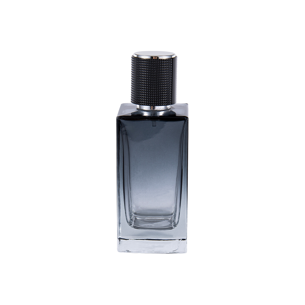 Botella de perfume de vidrio rectangular KY368-WJ2271 de 50 ml con revestimiento degradado, tapa de plástico ABS y revestimiento plateado UV
