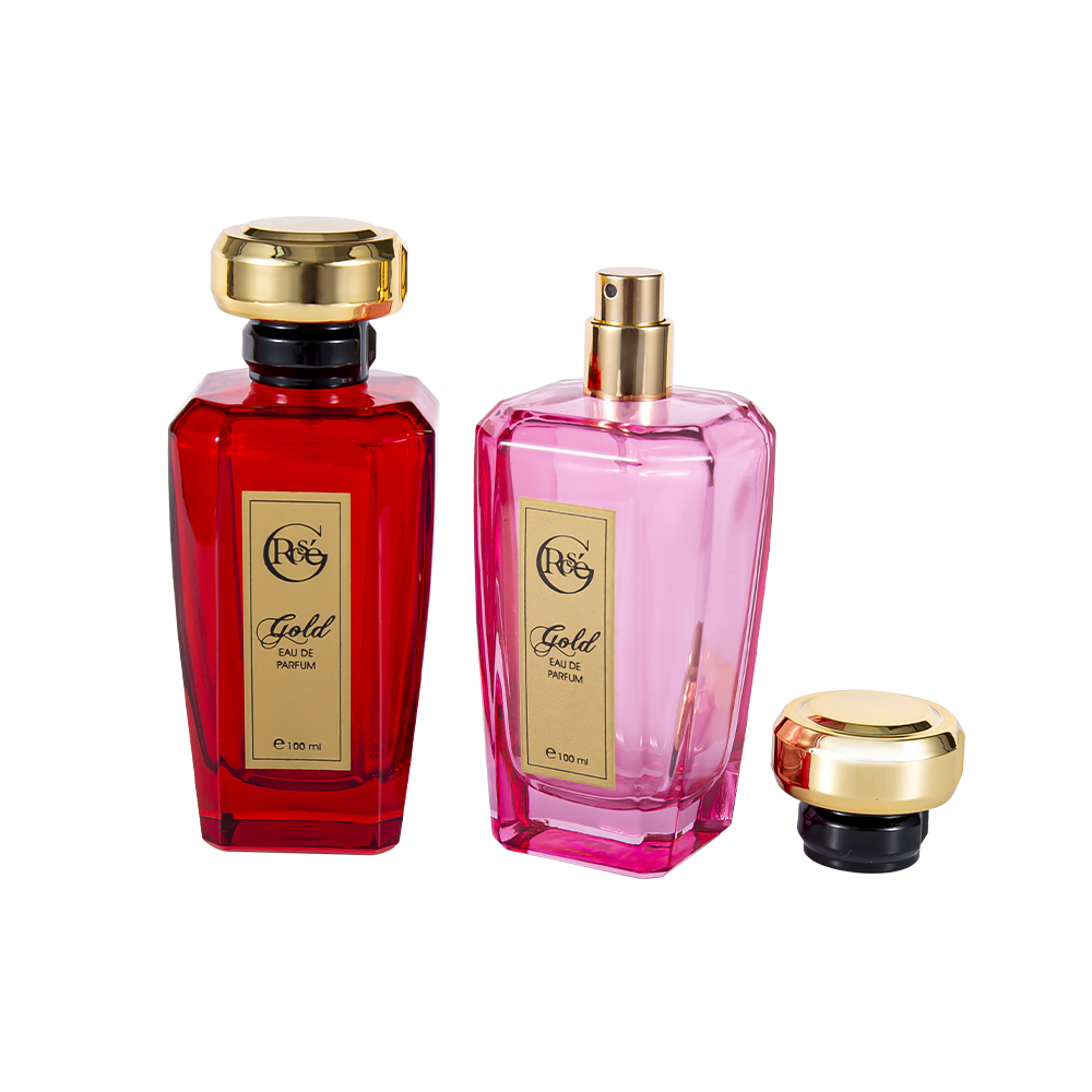 KY1602-WJ2432 Botella de vidrio de perfume con revestimiento rojo rosa de 100 ml, tapa de perfume con forma personalizada